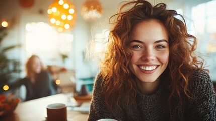 A joyful woman with curly hair beams with a bright smile while holding a cup of coffee in a vibrant café setting, encapsulating a moment of happiness.