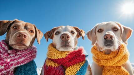 Captured in the sunlight, three lovely dogs wearing colorful scarves emphasize playfulness and friendship, embodying the joy that pets bring into our lives.