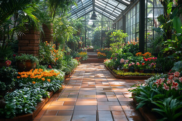 Sunlit Greenhouse Path with Vibrant Flowers and Lush Greenery