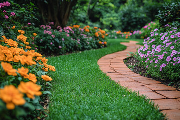 Winding Brick Path Through Lush Garden Flowers