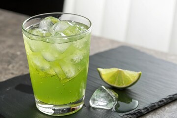 Glass of green lime juice with ice cubes, juicy drink, outdoor setting, green lime juice
