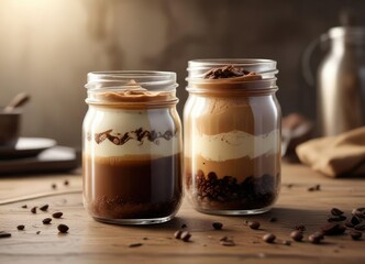 Glass jar filled with a rich and creamy coffee dessert, glass jar, coffee dessert