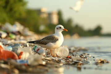 Bird Struggles With Plastic Six-Pack Ring Amid Littered Shoreline and Polluted Waters at Sunrise