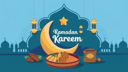 Ramadan Kareem celebration with moon dates and lanterns