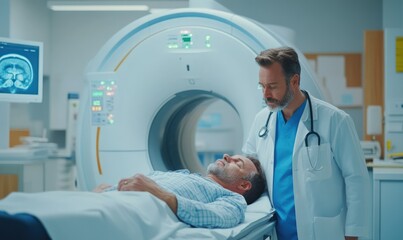A doctor attends to a patient undergoing an MRI scan in a medical setting.