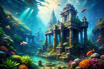 Submerged City Ruins: Detailed CGI Underwater Scene with Marine Life