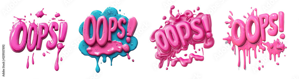 Poster A digital image showcasing four variations of the word Oops in pink and blue glossy paint with dripping effects against a black background.