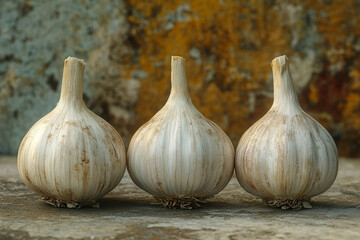 Obraz premium Three heads of garlic in a row on a surface