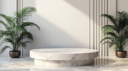 Minimalist marble podium with potted green plants in natural sunlight
