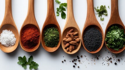 This vibrant composition of various ingredients displayed in wooden spoons, including sea salt, highlights the essential components of flavor and nourishment in cooking.