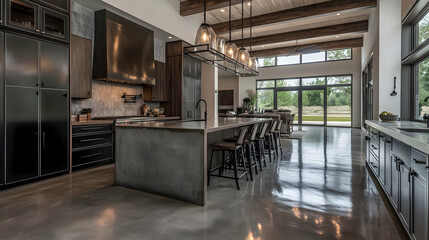 Modern Industrial Kitchen Design with Concrete Floor and Large Windows