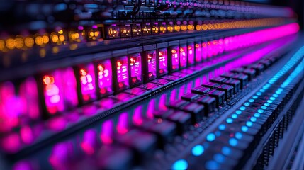 A brightly lit server room featuring rows of high-tech servers illuminated by colorful LED lights.