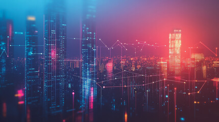 Fototapeta premium Smart digital Innovation city with connection network reciprocity over the twilight cityscape. of future smart wireless digital city and social media networking systems that connects people with city 