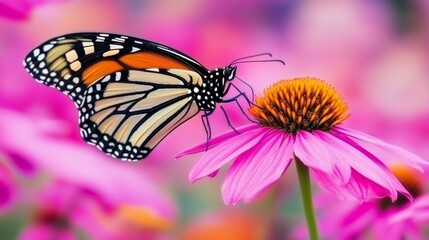 Naklejka premium Monarch butterfly feeding on pink coneflower, garden background, nature postcard