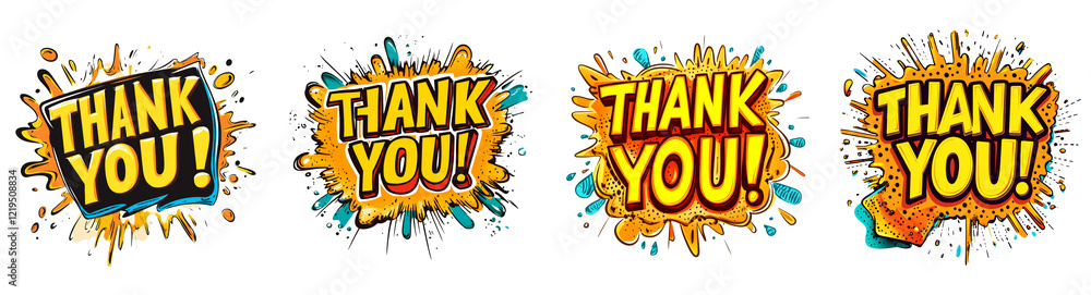 Aufkleber The image displays four variations of a comic book style Thank You message with vibrant colors and dynamic splash effects.