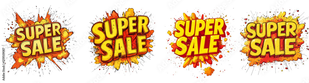 Poster The image displays four dynamic illustrations of the words Super Sale, each set against an exploding colorful backdrop.