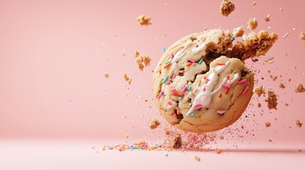 An appealing image shows a cracked cookie dough bursting with colorful sprinkles, creating an energetic splash against a pink background, symbolizing vibrant creativity.