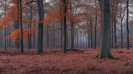 Fototapeta premium Autumnal Enchantment: A Misty Forest Scene