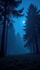 Obraz premium Dark forest landscape with a glowing blue sky, peaceful, night