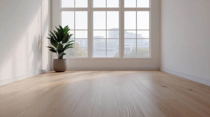 Obraz premium A bright, minimalist interior space featuring hardwood flooring, a single potted plant, and large windows letting in natural light.