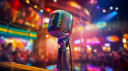 Vibrant stage set for a live performance featuring a classic microphone in a lively venue during the evening