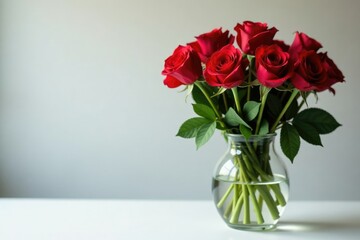 Naklejka premium Classic and timeless bouquet of long-stemmed red roses in a simple glass vase, glassware, decorative