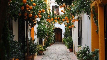 Naklejka premium Charming Orange Tree-Lined Alleyway in Seville, Spain