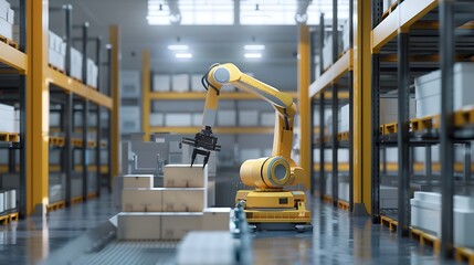 A robotic packing station in a food packaging plant, where products are stacked into boxes