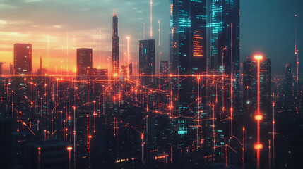 Fototapeta premium Smart digital Innovation city with connection network reciprocity over the twilight cityscape. of future smart wireless digital city and social media networking systems that connects people with city 