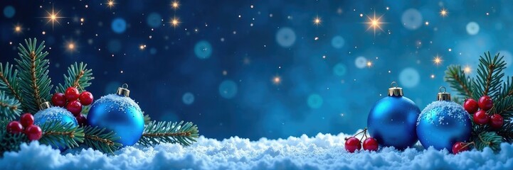 Naklejka premium Blue Christmas ball garland against a dark blue winter sky with red berries and twinkling stars, blue christmas, winter sky