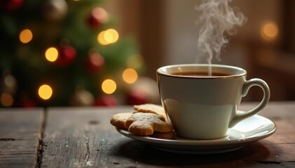 A steaming cup of coffee next to a plate of Christmas cookies, cup, warmth