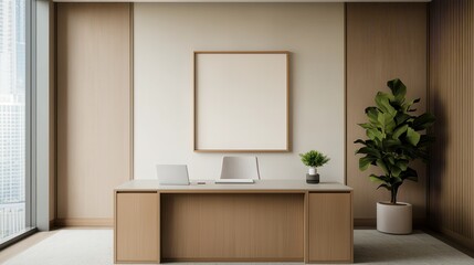 A modern office interior featuring minimalist conceptual imagery, a wooden desk, empty frames, and a decorative plant by the window.