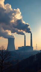 Numerous coal plant smokestacks belch dark plumes , chimney, emission