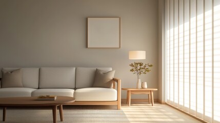 Fototapeta premium A serene living room featuring a light sofa, wooden furniture, a minimalist lamp, and a blank wall art space, with sunlight streaming through vertical blinds.