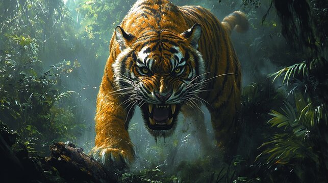 A stunning illustration of a saber toothed tiger stalking prey in a dense prehistoric jungle