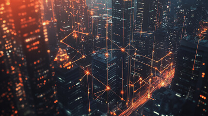 Smart digital Innovation city with connection network reciprocity over the twilight cityscape. of future smart wireless digital city and social media networking systems that connects people with city
