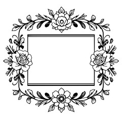 Elegant Black and White Floral Frame: Vintage Roses Border, Decorative Ornament, Wedding Invitation Template