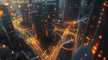 Fototapeta premium Smart digital Innovation city with connection network reciprocity over the twilight cityscape. of future smart wireless digital city and social media networking systems that connects people with city 
