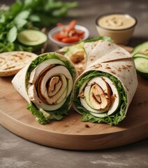 Grilled chicken wrap with mixed greens, hummus, and sliced cucumber, outdoor cooking, summer food, hummus
