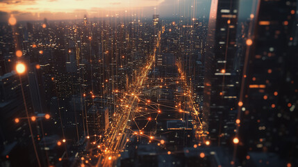 Fototapeta premium Smart digital Innovation city with connection network reciprocity over the twilight cityscape. of future smart wireless digital city and social media networking systems that connects people with city 