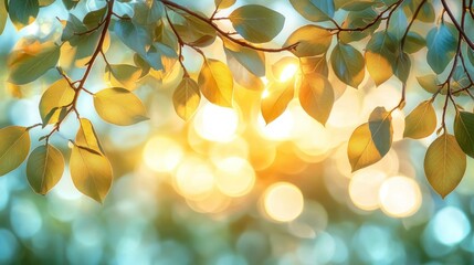 Sunlit leaves frame sunset bokeh; nature backdrop