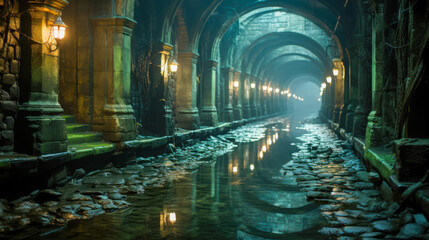 Fototapeta premium Exploring a serene ancient waterway surrounded by stone arches and soft lantern light in a forgotten city at dusk
