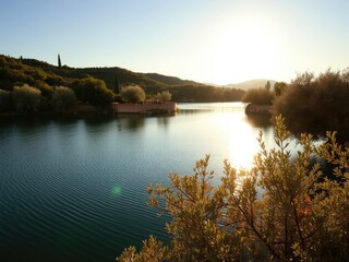 Obraz premium Golden light on a Tuscan lake with surrounding olive trees and lush greenery, tuscan countryside, landscape photography, golden hour