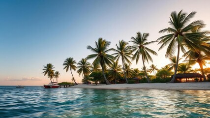 Obraz premium Golden hour on a tranquil oceanfront with swaying coconut trees and clear water, tropical, landscape