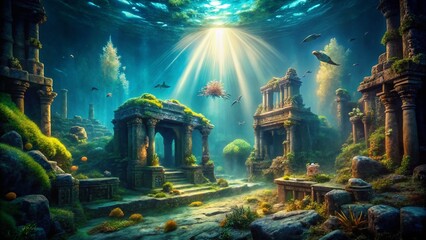 Fototapeta premium Sunbeams Dancing on Sunken City: Mystical Underwater Ruins at Night