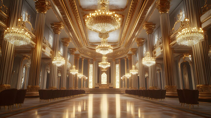 Obraz premium Magnificent Palace Grand Hall: Opulent Interior with Gilded Columns and Crystal Chandeliers