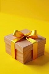 Obraz premium Gold bow tied around a wooden gift box placed on a bright yellow tablecloth, yellow, present, wooden gift