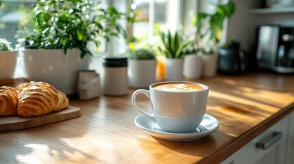 Sunny kitchen latte art, croissants, plants