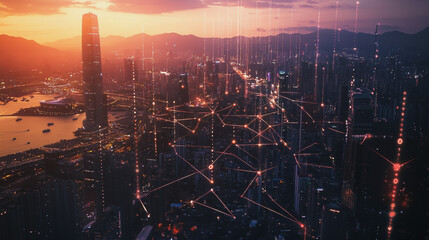 Obraz premium Smart digital Innovation city with connection network reciprocity over the twilight cityscape. of future smart wireless digital city and social media networking systems that connects people with city 