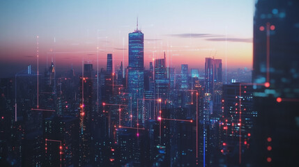 Smart digital Innovation city with connection network reciprocity over the twilight cityscape. of future smart wireless digital city and social media networking systems that connects people with city
